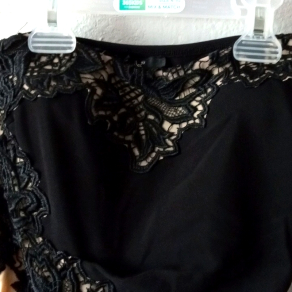 Black strapless dress.